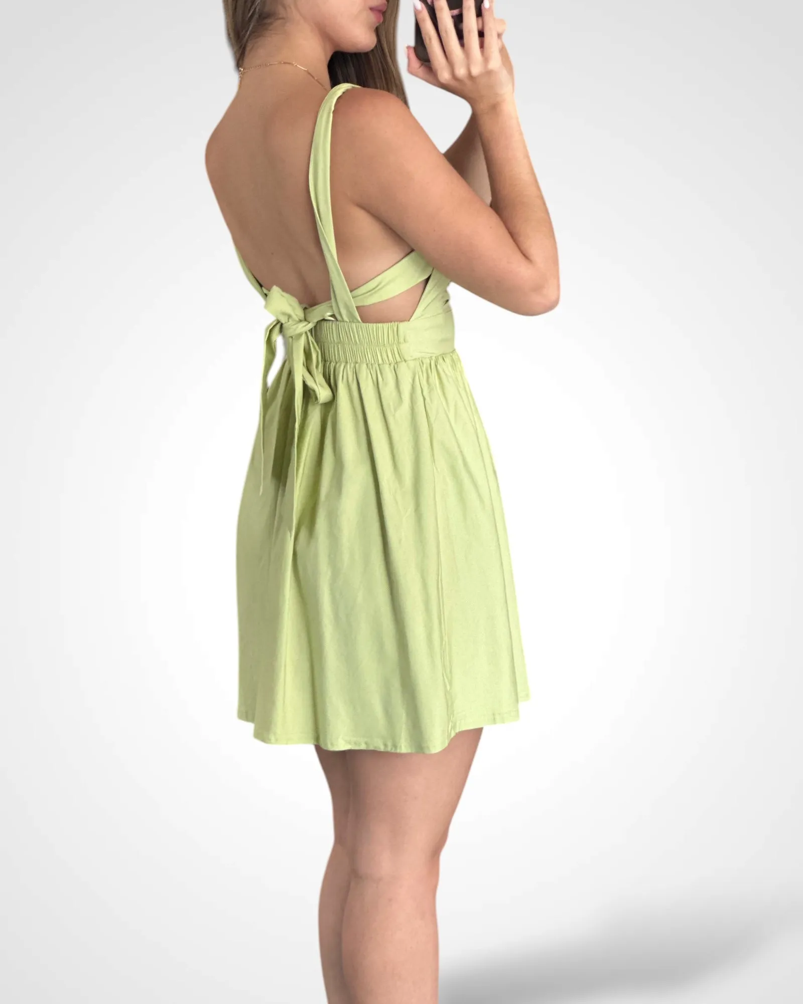 STRETCH WOVEN BACK TIE BABYDOLL DRESS