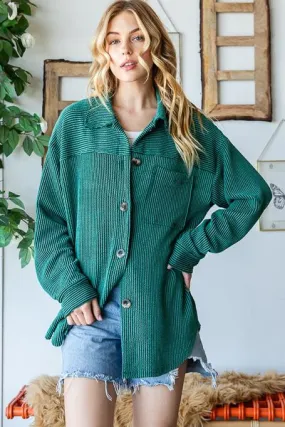 Striped Button Up Long Sleeve Shacket in Hunter Green