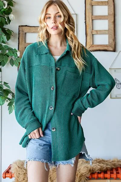 Striped Button Up Long Sleeve Shacket in Hunter Green