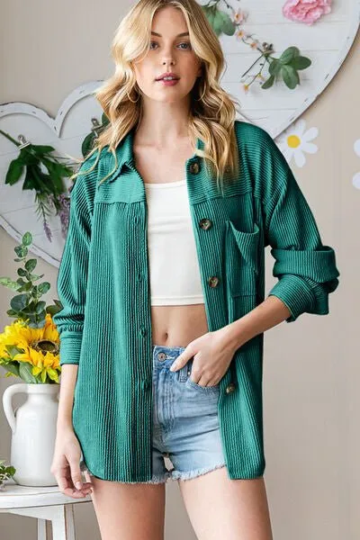 Striped Button Up Long Sleeve Shacket in Hunter Green