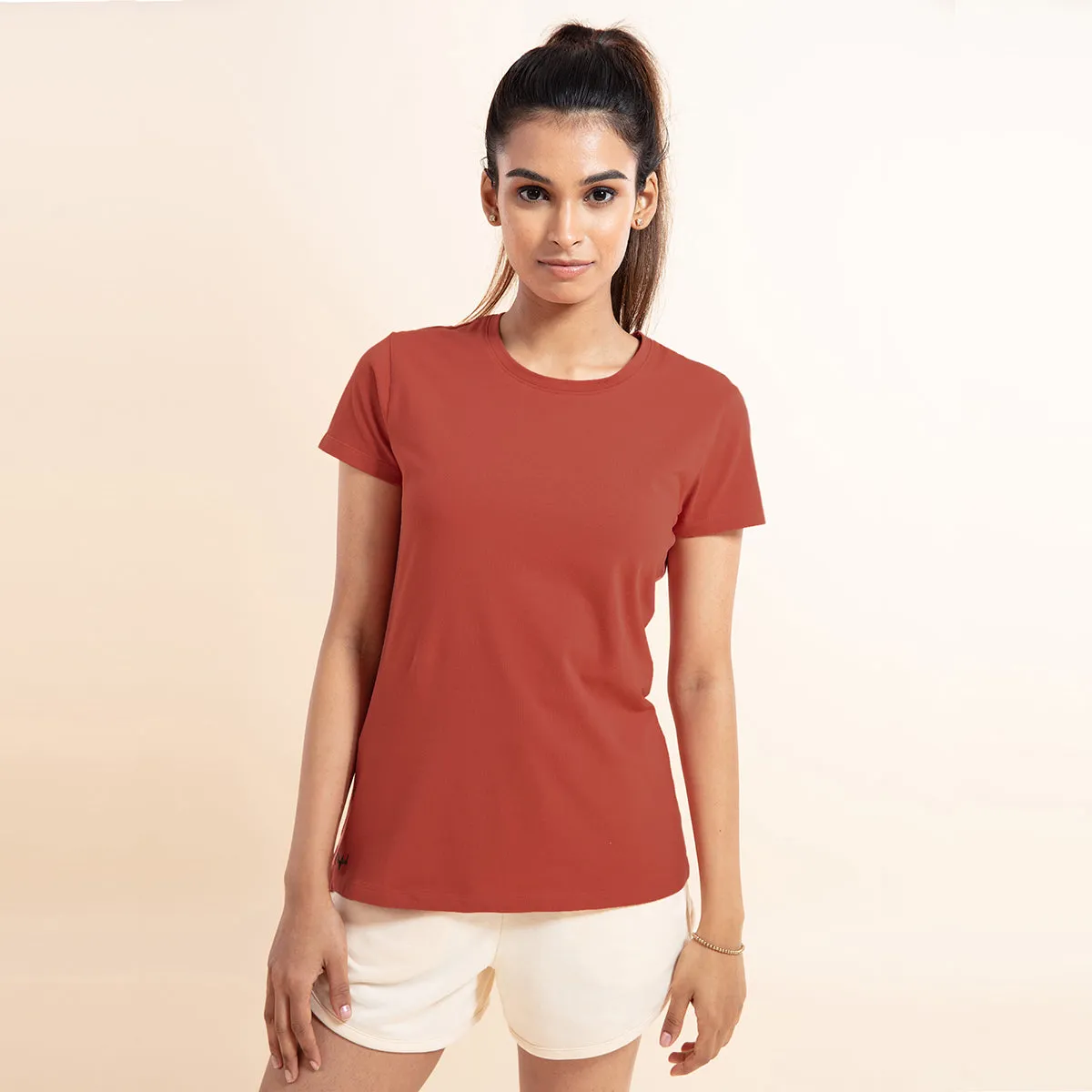 Super Comfy Cotton Stretch Classic Solid T-Shirt-NYLE216-Essential Stretch Cotton Tee In Relaxed Fit , Nykd All Day-NYLE216-Hot Sauce