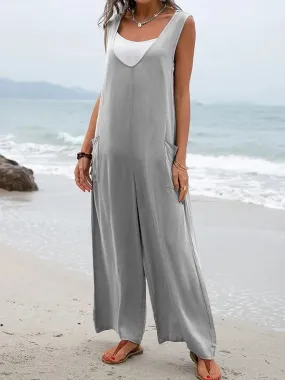 Sweetkama Ladies Two Shoulder Overalls Solid Daily Jumpsuit Grey