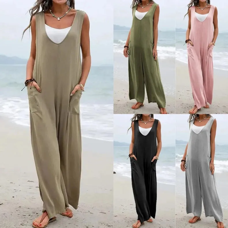 Sweetkama Ladies Two Shoulder Overalls Solid Daily Jumpsuit Grey