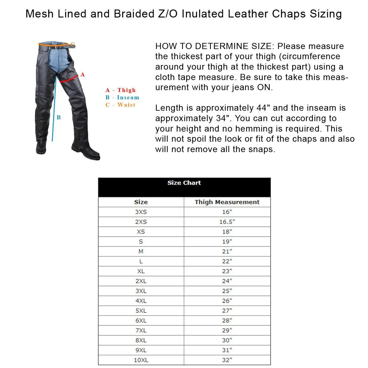Vance Leather Unisex All Season Black Zip-out Insulated Thermal Liner Braided Biker Leather Motorcycle Chaps