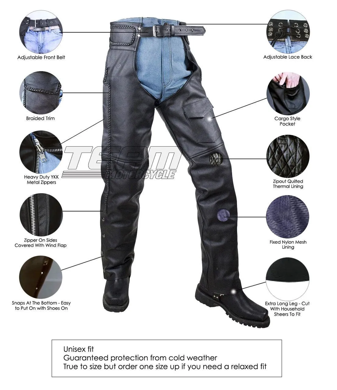 Vance Leather Unisex All Season Black Zip-out Insulated Thermal Liner Braided Biker Leather Motorcycle Chaps