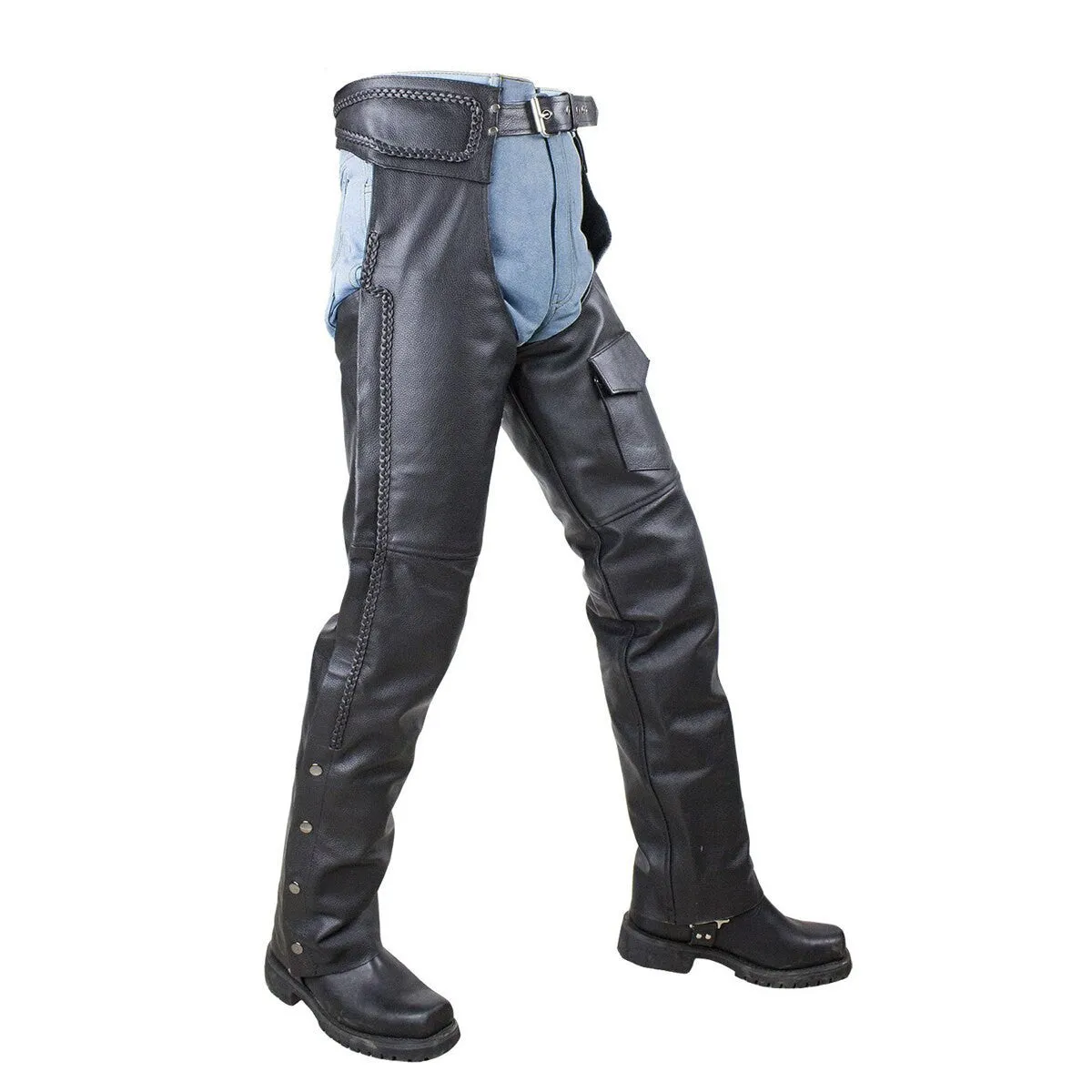 Vance Leather Unisex All Season Black Zip-out Insulated Thermal Liner Braided Biker Leather Motorcycle Chaps