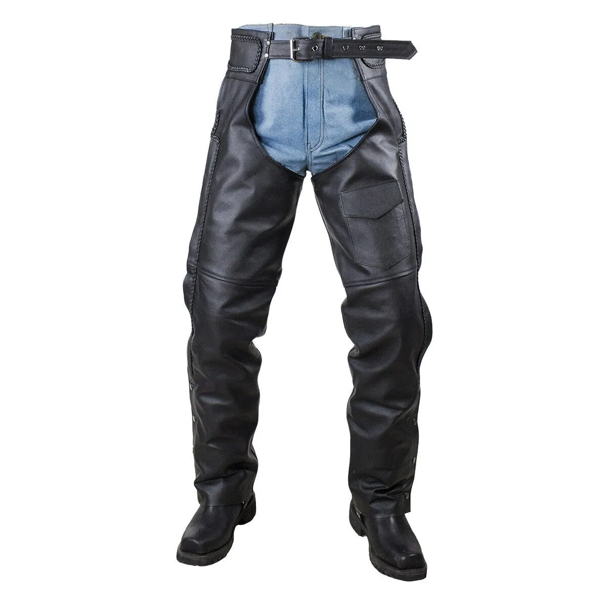 Vance Leather Unisex All Season Black Zip-out Insulated Thermal Liner Braided Biker Leather Motorcycle Chaps