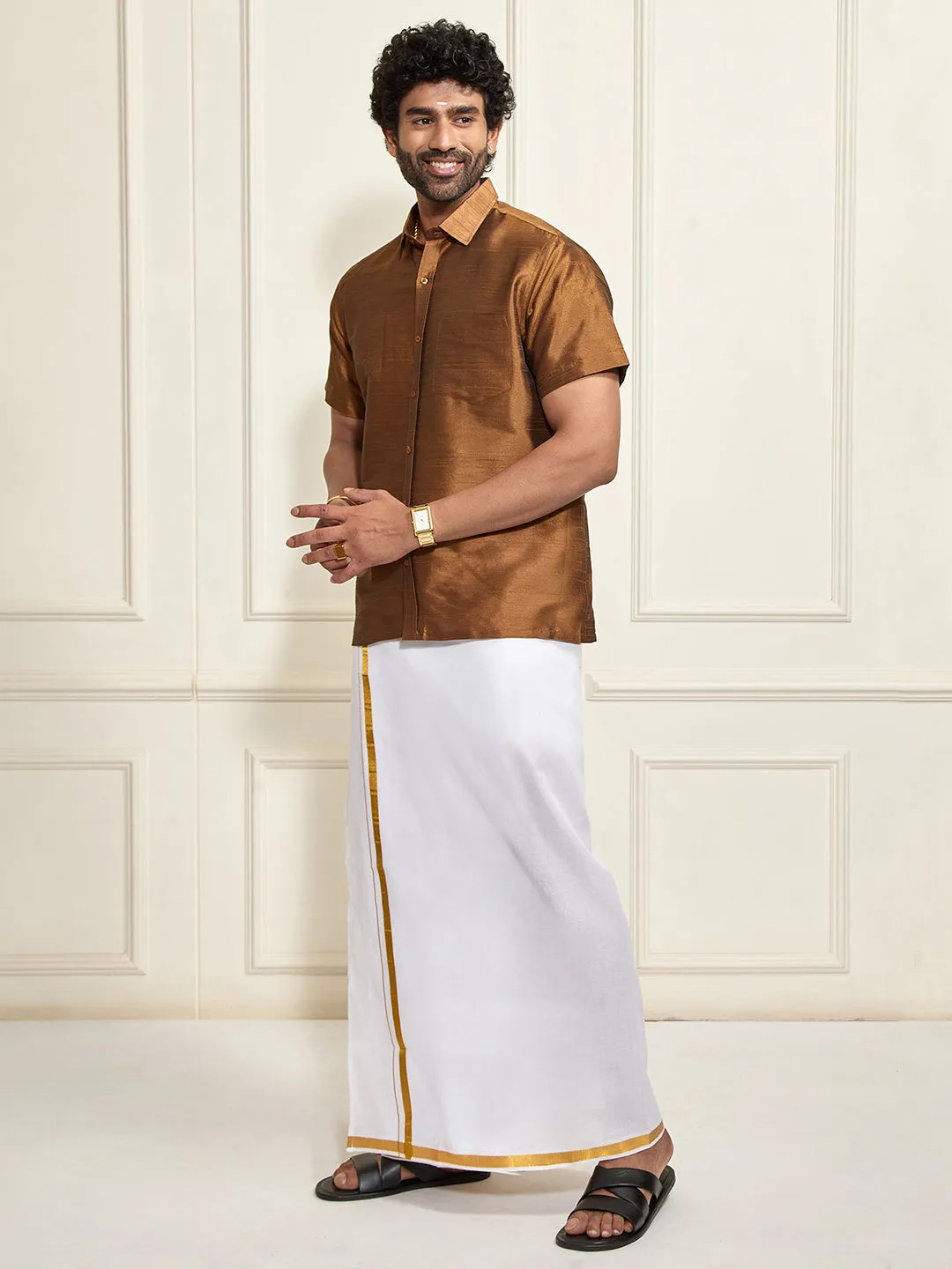 VASTRAMAY Men's Coffee Silk Blend Shirt And Mundu
