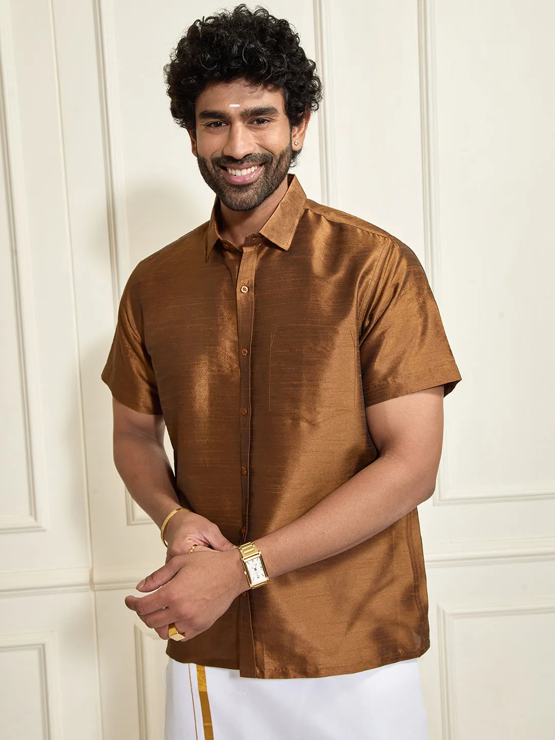VASTRAMAY Men's Coffee Silk Blend Shirt And Mundu