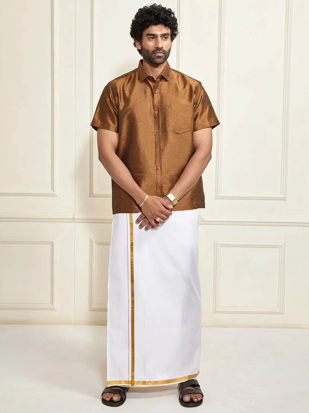VASTRAMAY Men's Coffee Silk Blend Shirt And Mundu
