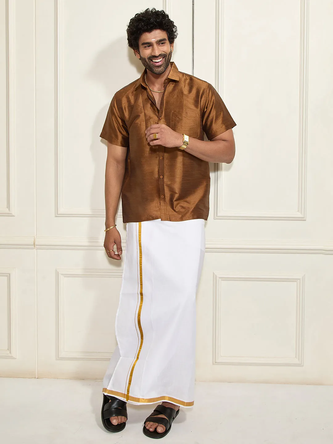 VASTRAMAY Men's Coffee Silk Blend Shirt And Mundu
