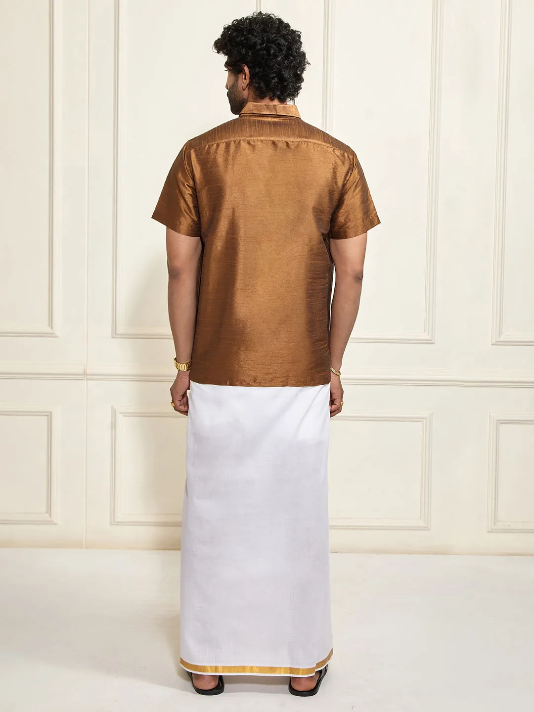 VASTRAMAY Men's Coffee Silk Blend Shirt And Mundu