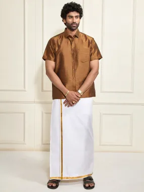 VASTRAMAY Men's Coffee Silk Blend Shirt And Mundu