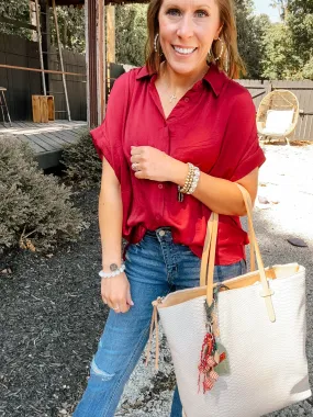 Wine Satin Button Front Collared Blouse