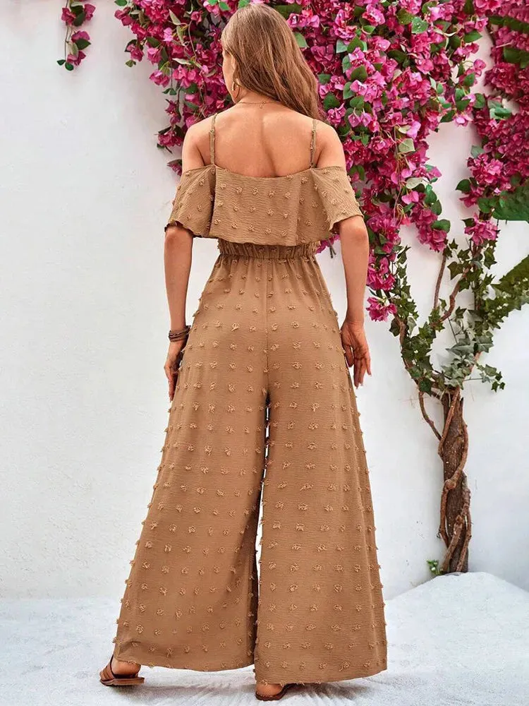 Woman Shoulder-off Bib Flounce Jumpsuits Summer Autumn Casual Loose Solid Pants for Women Female Spaghetti Strap Wide Leg Suit