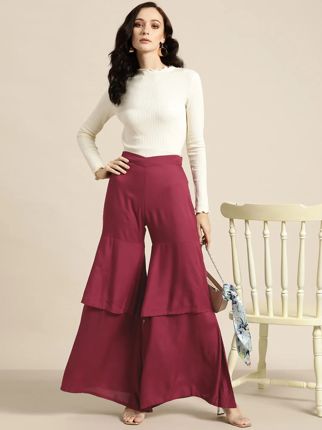 Women Burgundy Frilly Liva Pants