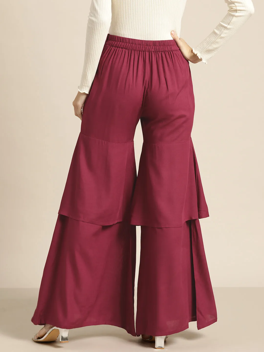 Women Burgundy Frilly Liva Pants