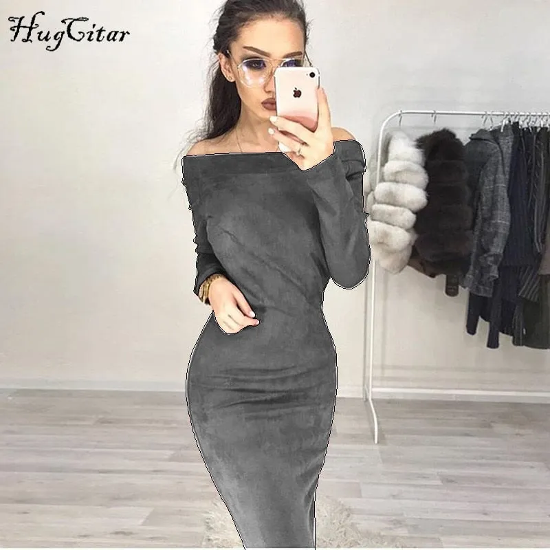 Women Long Sleeve Off Shoulder Mid-calf Autumn Winter Bodycon Party Dresses