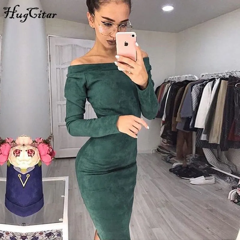 Women Long Sleeve Off Shoulder Mid-calf Autumn Winter Bodycon Party Dresses
