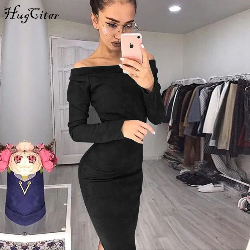 Women Long Sleeve Off Shoulder Mid-calf Autumn Winter Bodycon Party Dresses