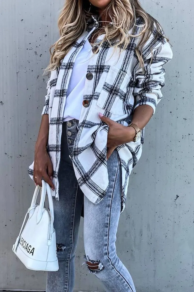 WOMEN PLAID PATTERN BUTTONED SHACKET