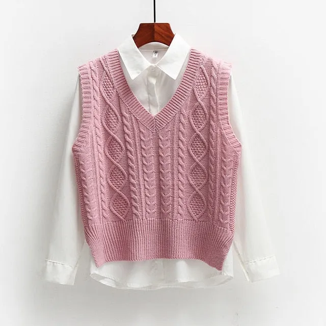 Women Solid Short Loose Sleeveless Knitted V-Neck Vest