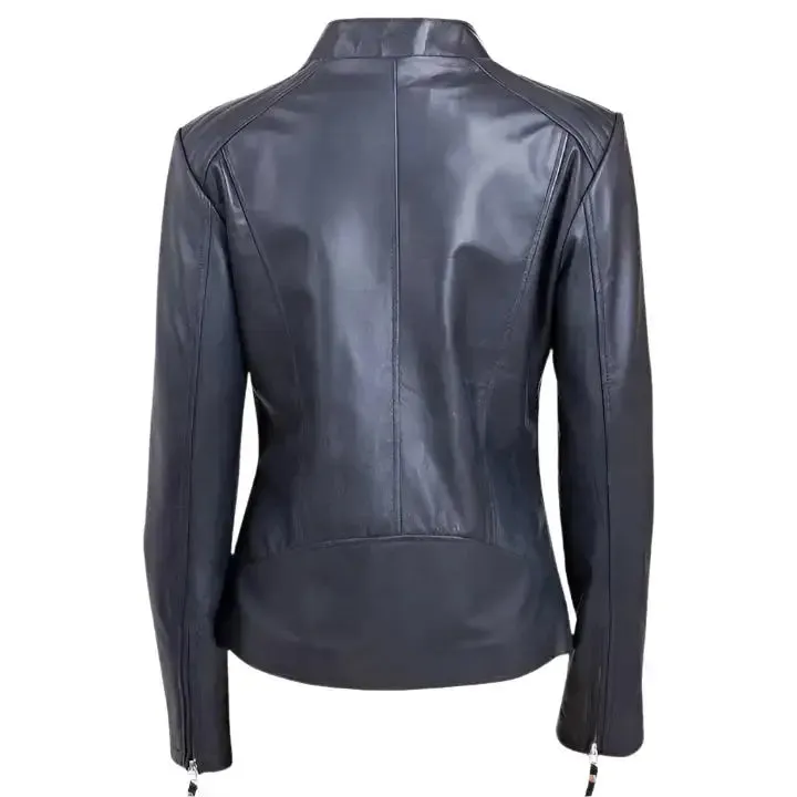 Women's Black Leather Biker Jacket – New Design with Zipper & Lapel Collar