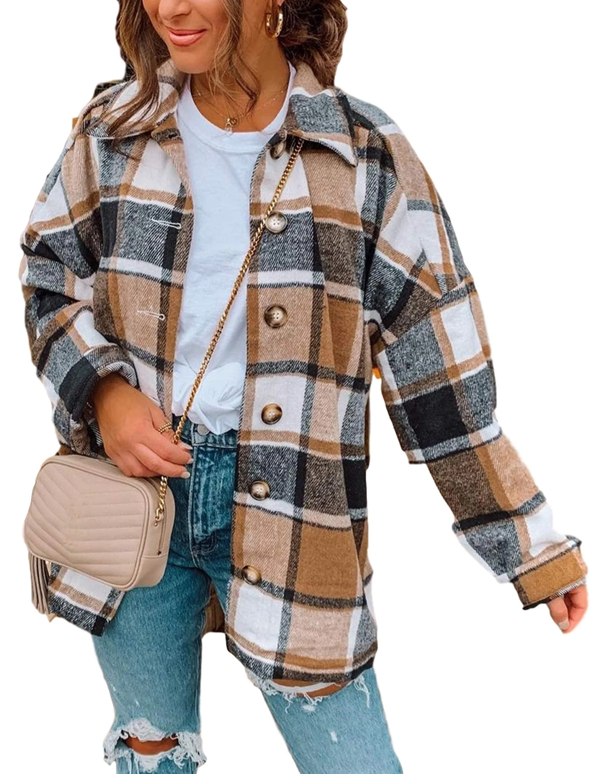 Womens Fall Outfits Fashion Clothes Shackets Flannel Plaid Button Down Long Sleeve Shirts Jackets 2024