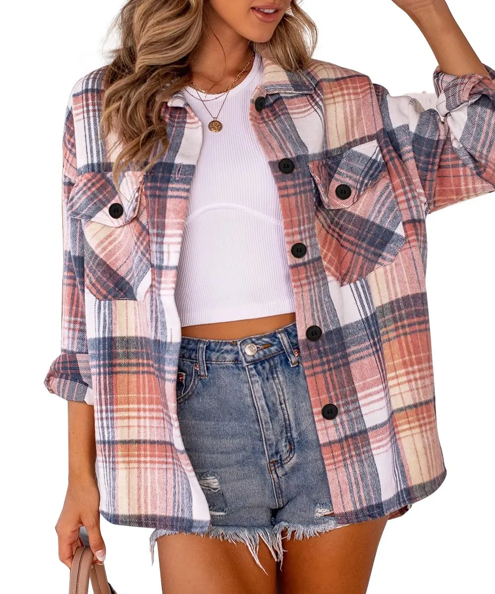 Womens Fall Outfits Fashion Clothes Shackets Flannel Plaid Button Down Long Sleeve Shirts Jackets 2024