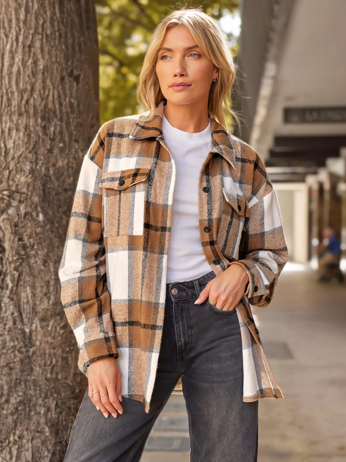 Womens Fall Outfits Fashion Clothes Shackets Flannel Plaid Button Down Long Sleeve Shirts Jackets 2024
