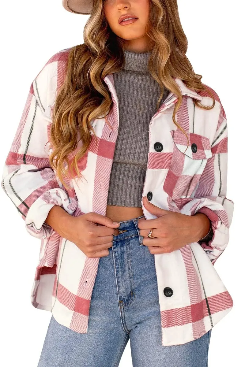 Womens Fall Outfits Fashion Clothes Shackets Flannel Plaid Button Down Long Sleeve Shirts Jackets 2024