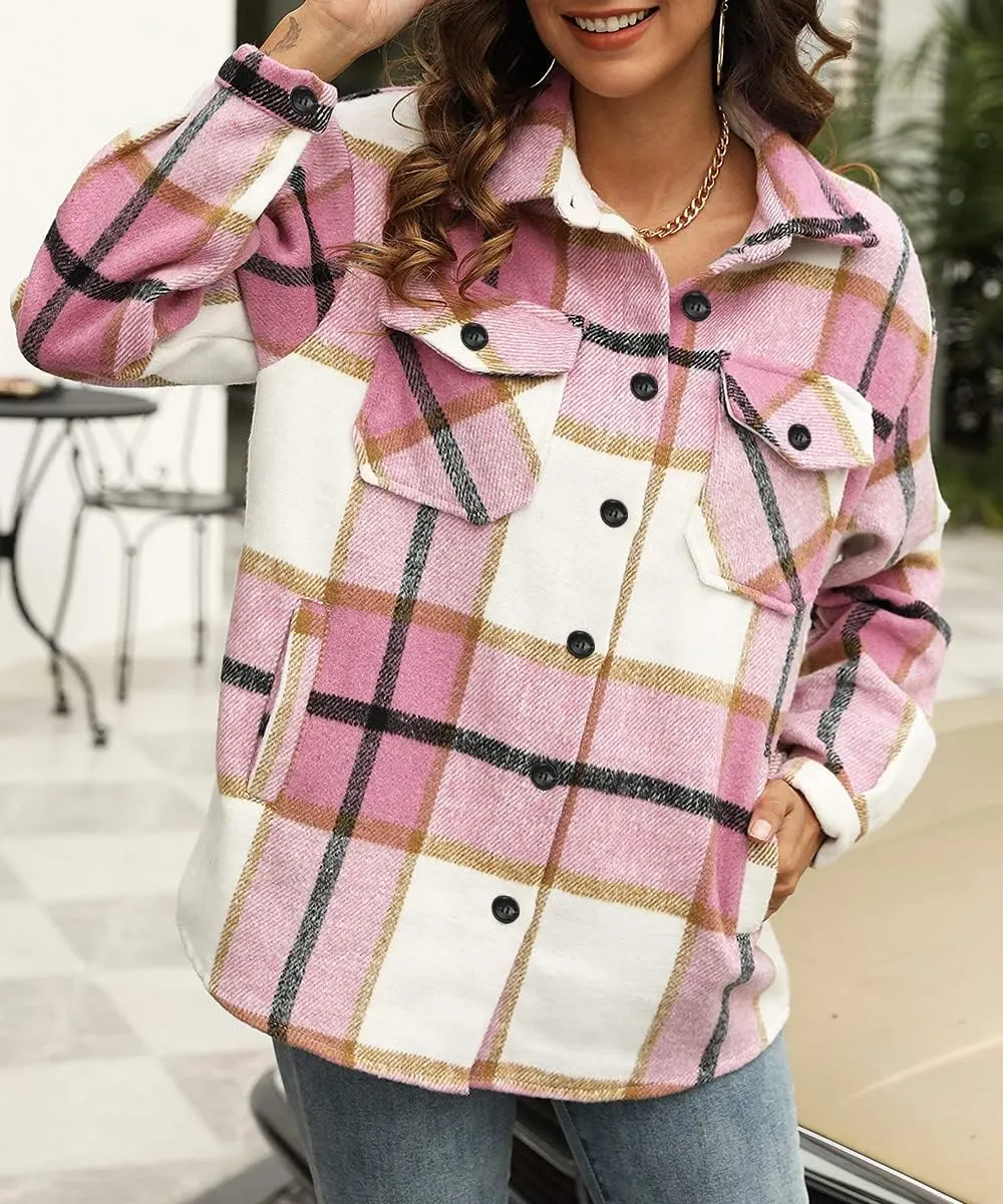 Womens Fall Outfits Fashion Clothes Shackets Flannel Plaid Button Down Long Sleeve Shirts Jackets 2024