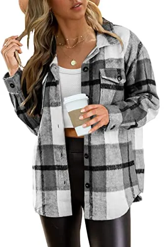Womens Fall Outfits Fashion Clothes Shackets Flannel Plaid Button Down Long Sleeve Shirts Jackets 2024