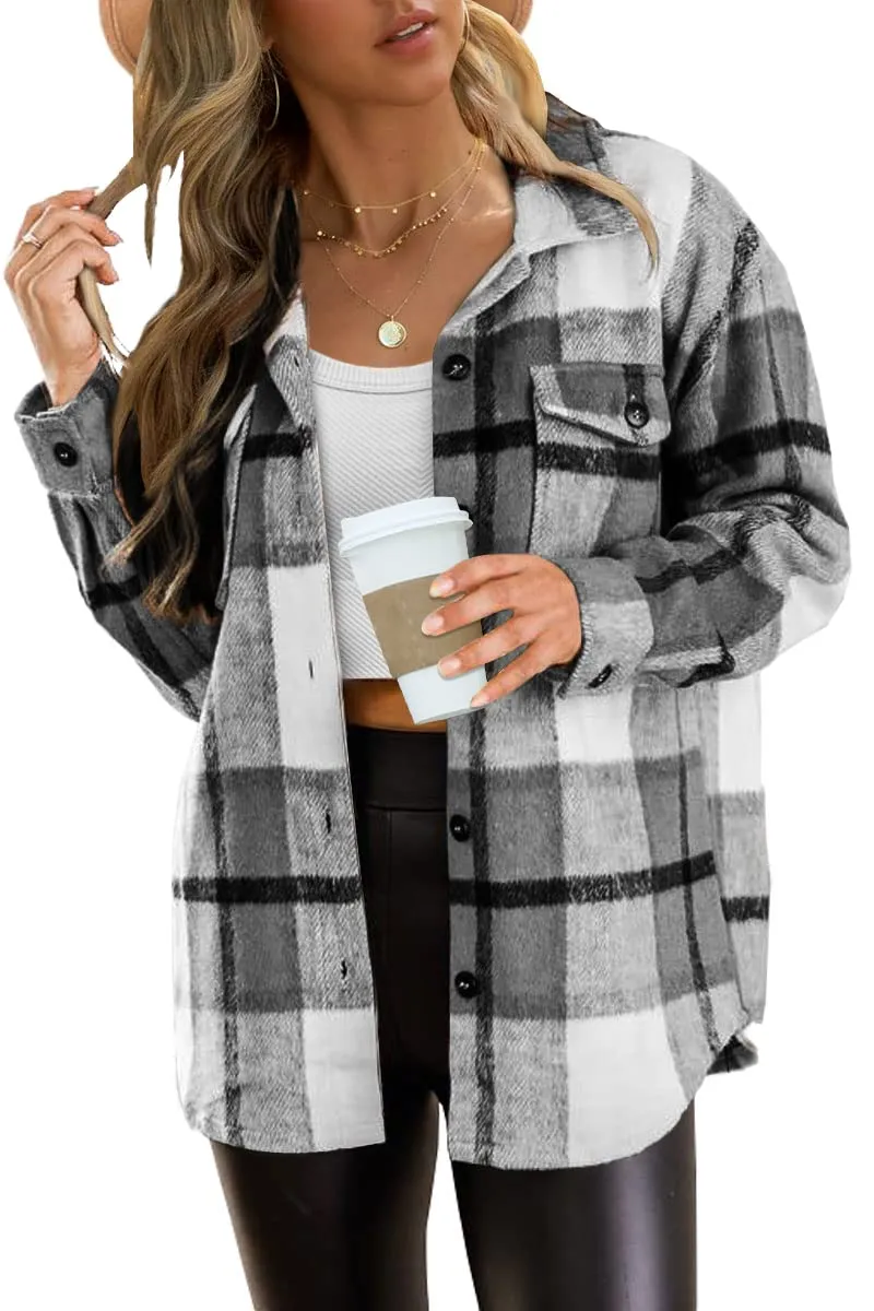 Womens Fall Outfits Fashion Clothes Shackets Flannel Plaid Button Down Long Sleeve Shirts Jackets 2024