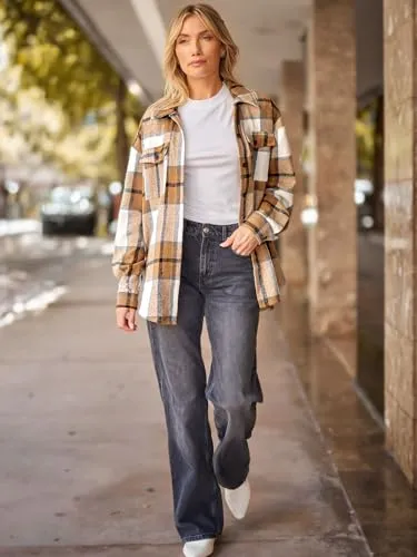 Womens Fall Outfits Fashion Clothes Shackets Flannel Plaid Button Down Long Sleeve Shirts Jackets 2024