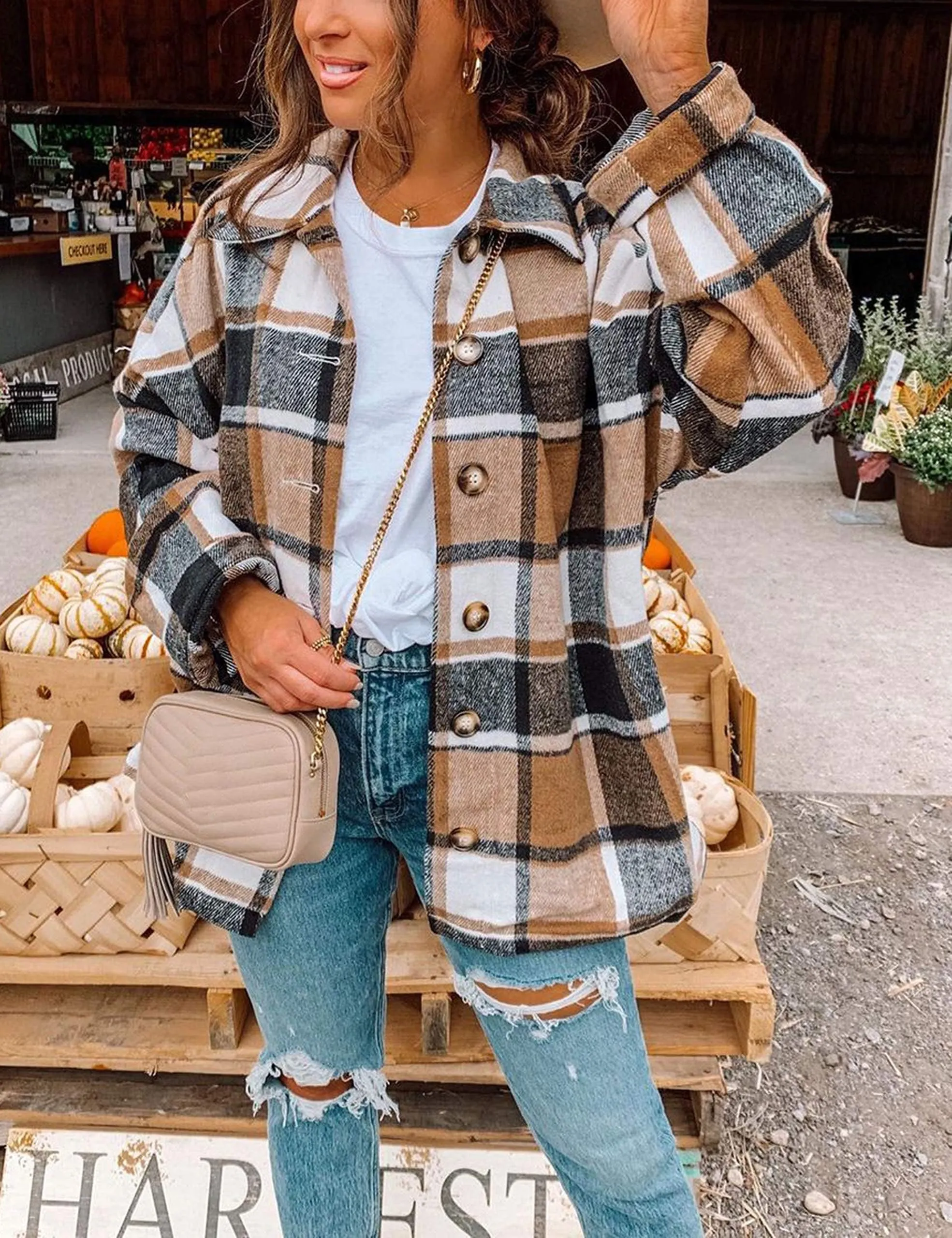 Womens Fall Outfits Fashion Clothes Shackets Flannel Plaid Button Down Long Sleeve Shirts Jackets 2024