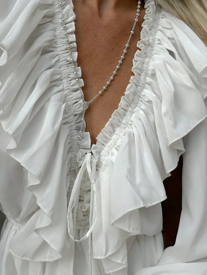 Women's Fashion White Chiffon Sexy Slim V-neck Ruffle Long Sleeve Tie Dress