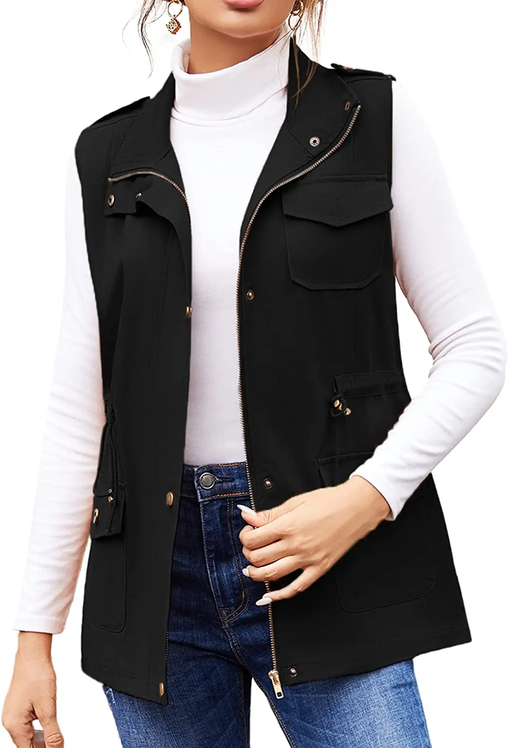Womens Lightweight Sleeveless Military Anorak Cargo Vest Hooded