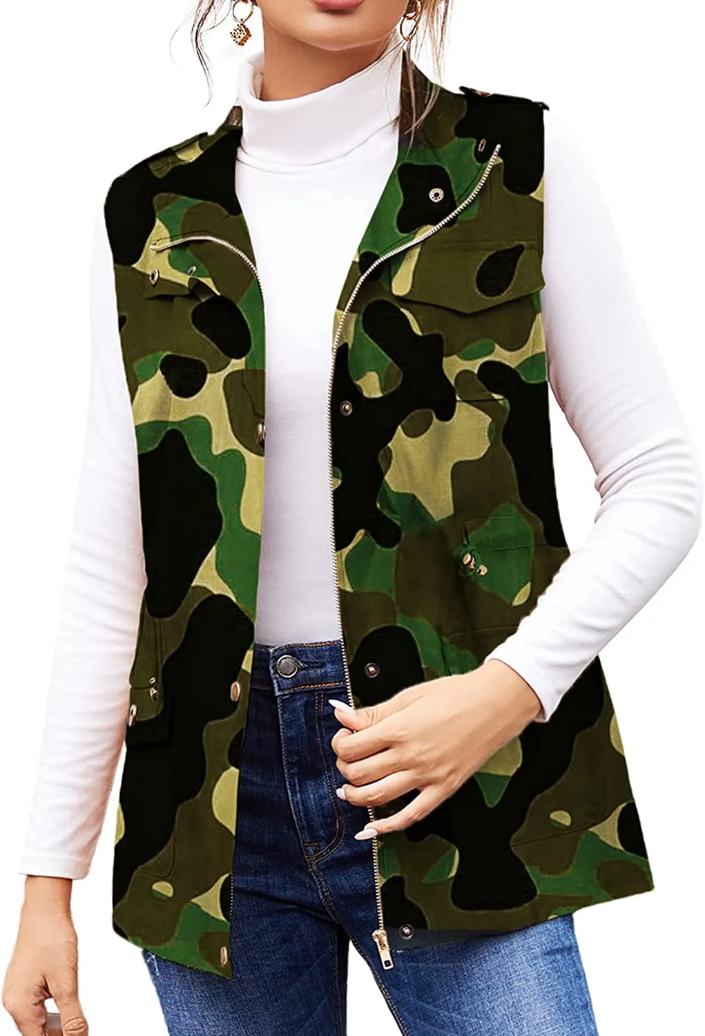 Womens Lightweight Sleeveless Military Anorak Cargo Vest Hooded