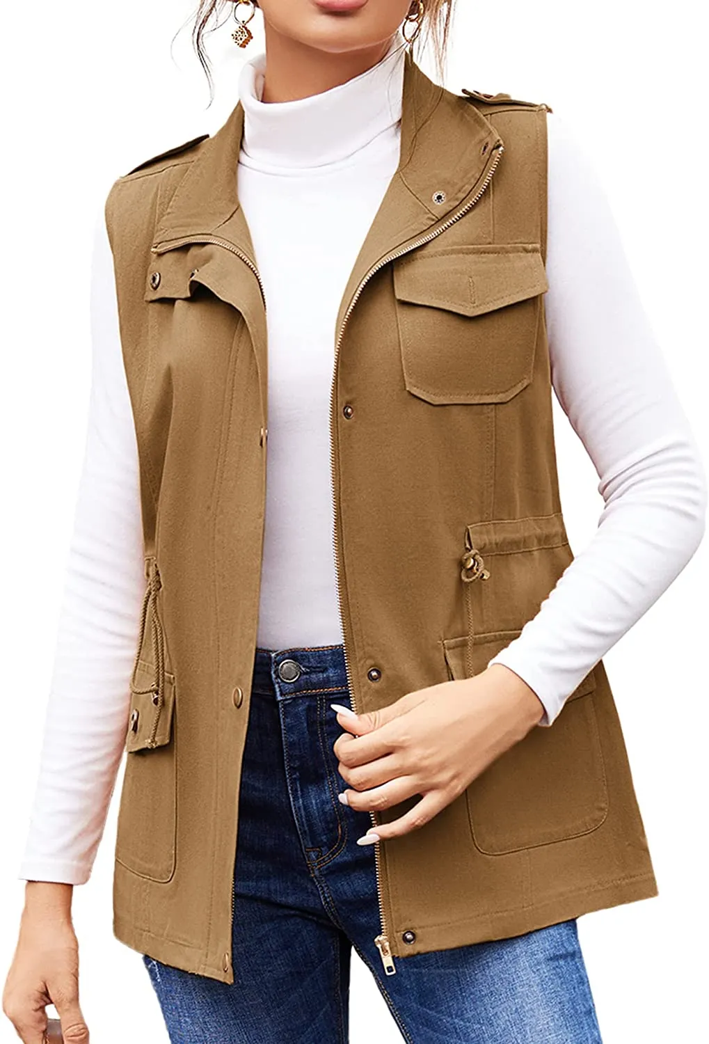 Womens Lightweight Sleeveless Military Anorak Cargo Vest Hooded