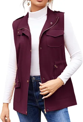 Womens Lightweight Sleeveless Military Anorak Cargo Vest Hooded