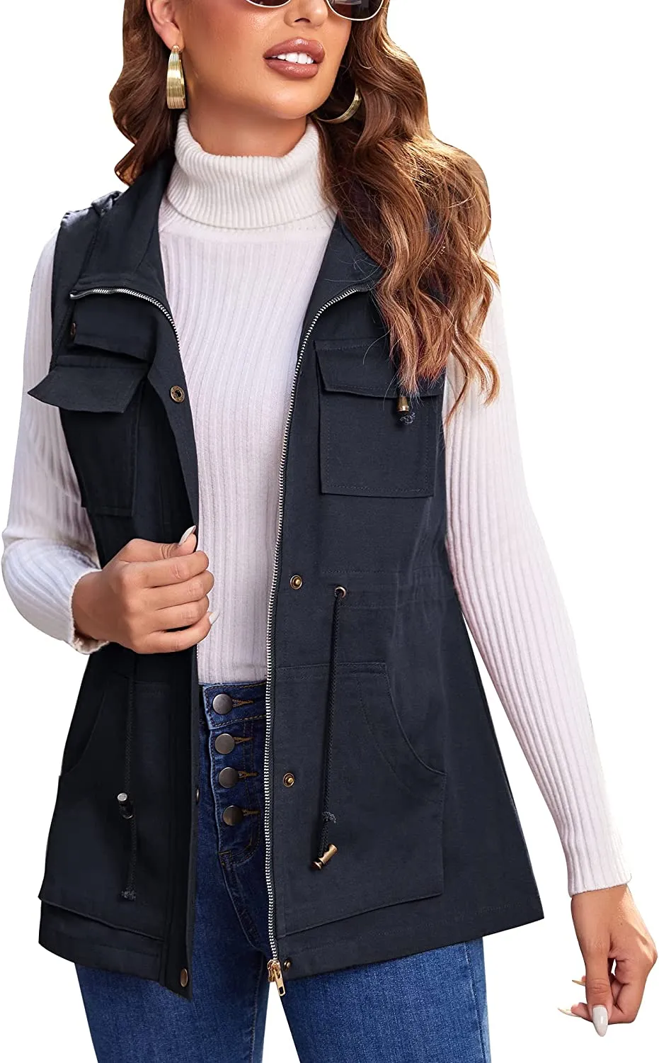 Womens Lightweight Sleeveless Military Anorak Cargo Vest Hooded