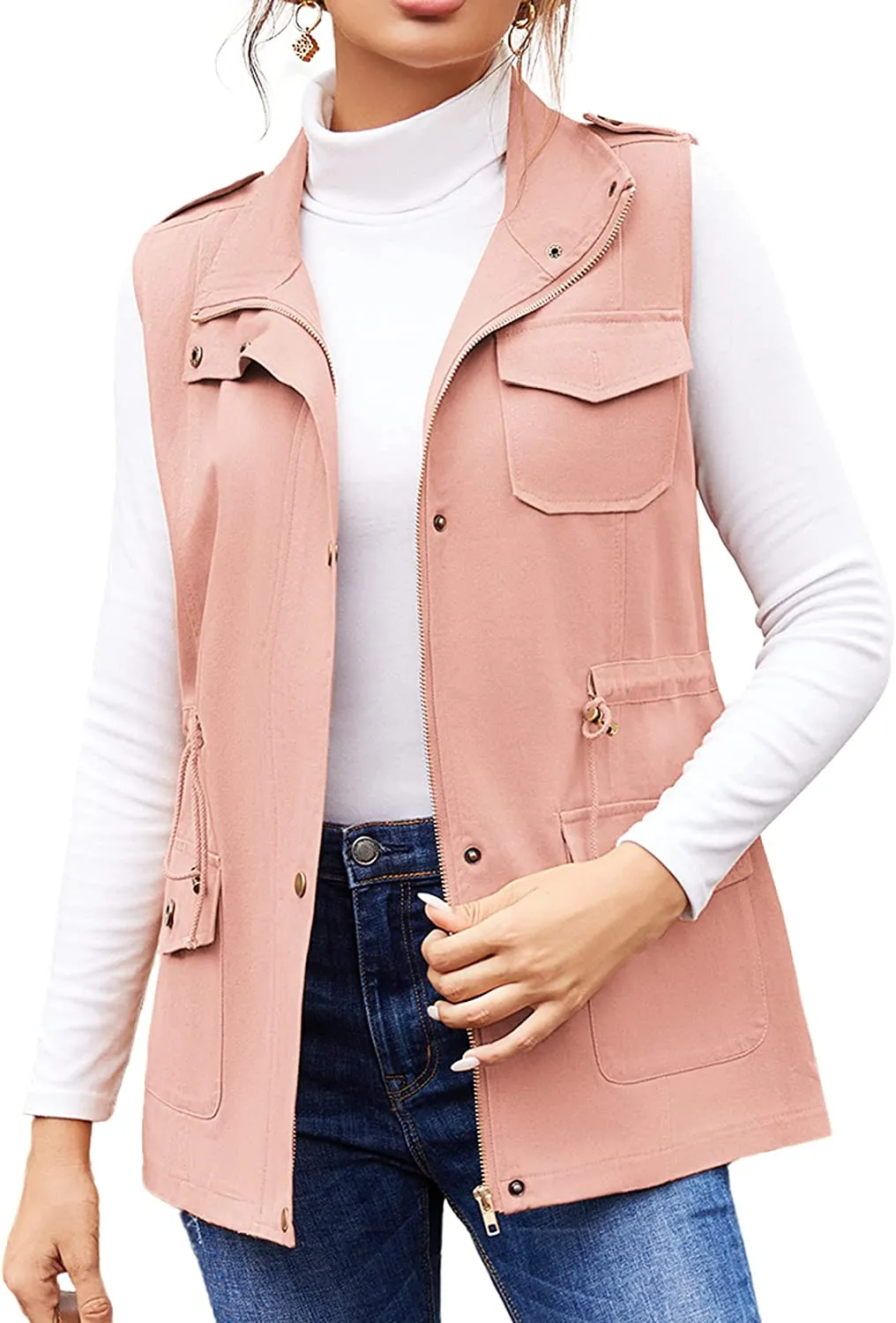 Womens Lightweight Sleeveless Military Anorak Cargo Vest Hooded
