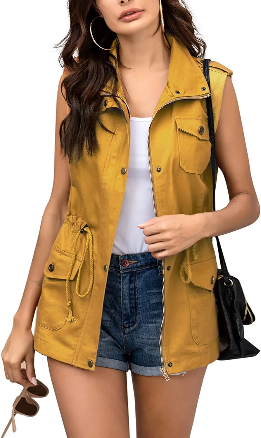 Womens Lightweight Sleeveless Military Anorak Cargo Vest Hooded
