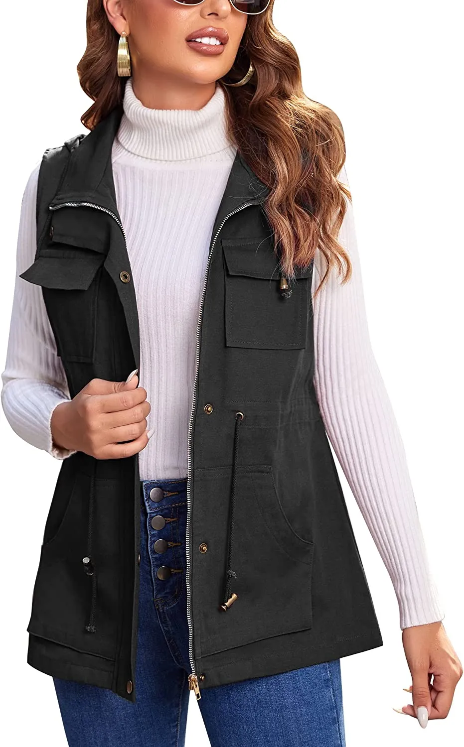 Womens Lightweight Sleeveless Military Anorak Cargo Vest Hooded