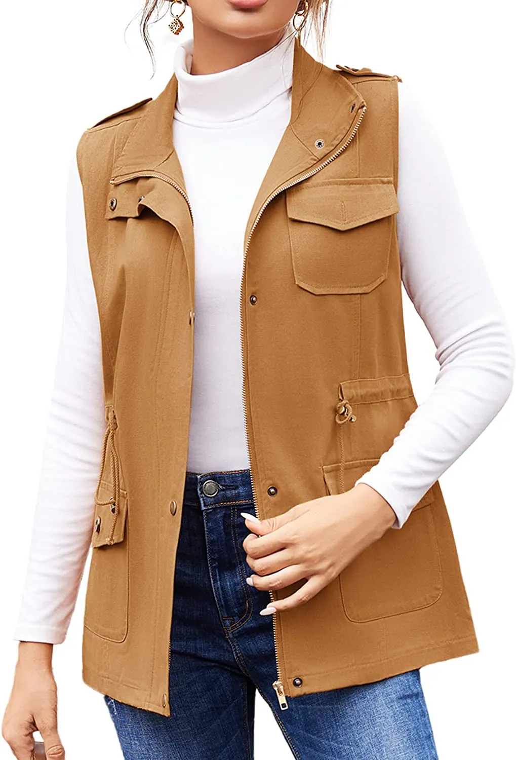 Womens Lightweight Sleeveless Military Anorak Cargo Vest Hooded
