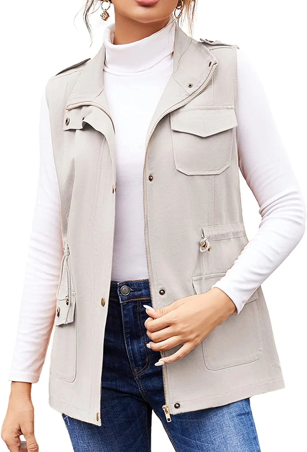 Womens Lightweight Sleeveless Military Anorak Cargo Vest Hooded