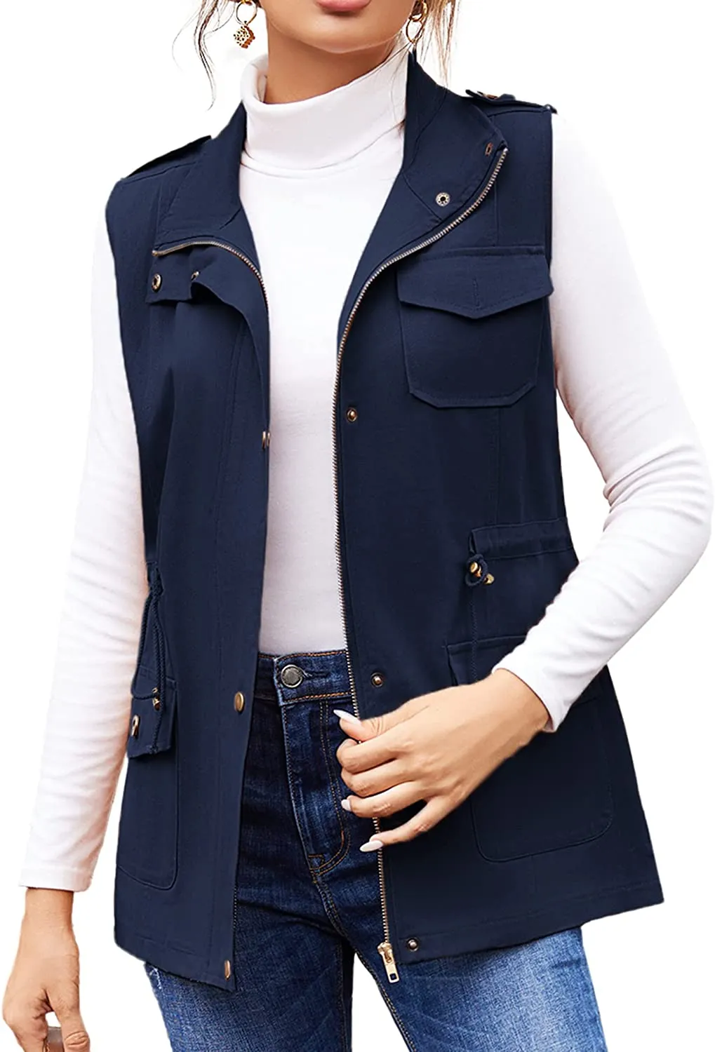 Womens Lightweight Sleeveless Military Anorak Cargo Vest Hooded