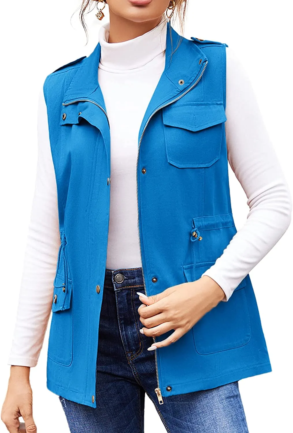 Womens Lightweight Sleeveless Military Anorak Cargo Vest Hooded