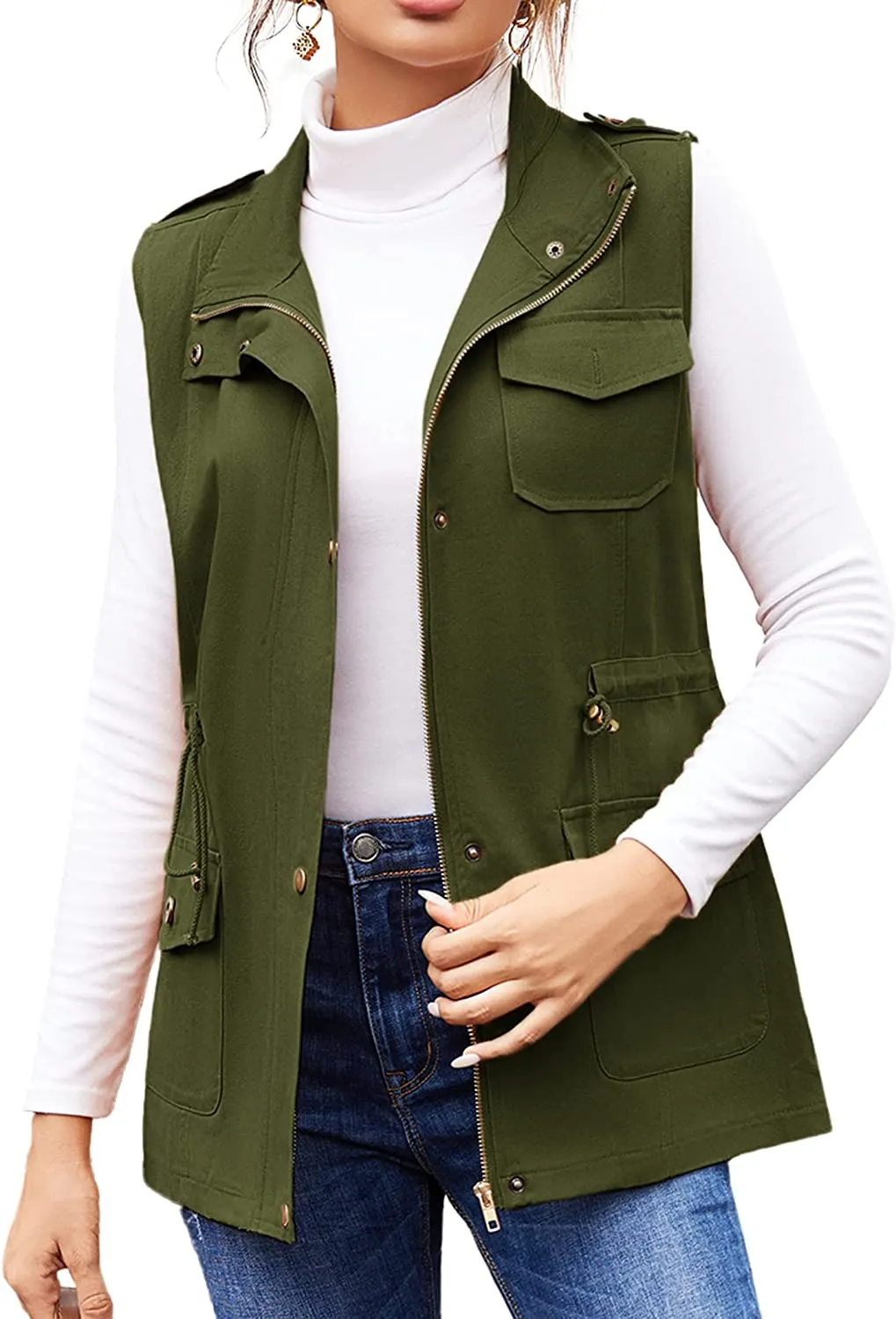 Womens Lightweight Sleeveless Military Anorak Cargo Vest Hooded